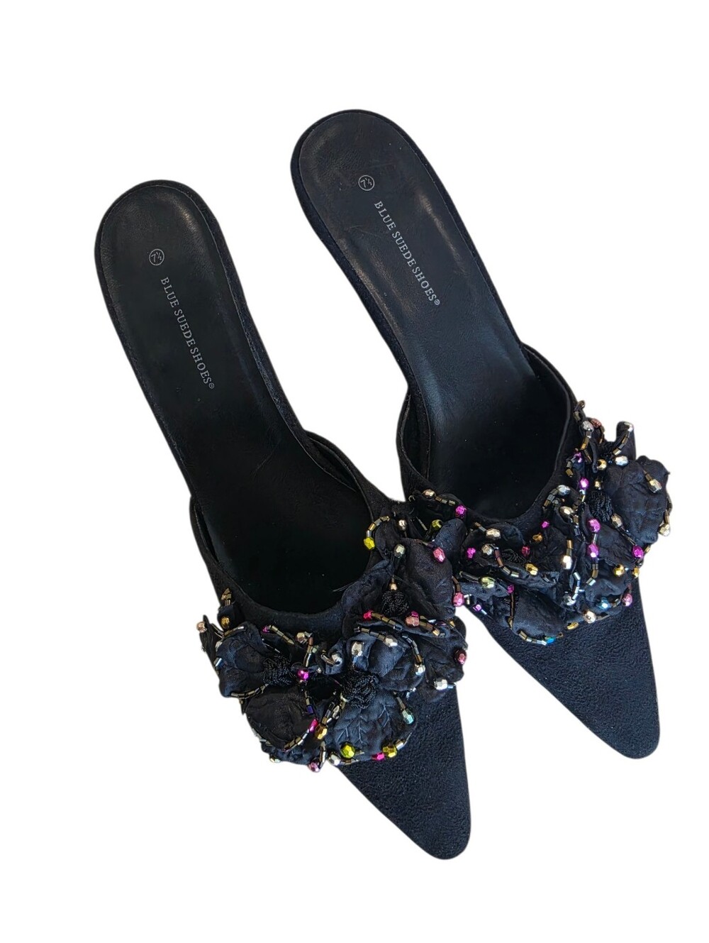 Blue Suede Shoes Black Beaded Floral Embellished Kitten Heel Mules Size 7.5